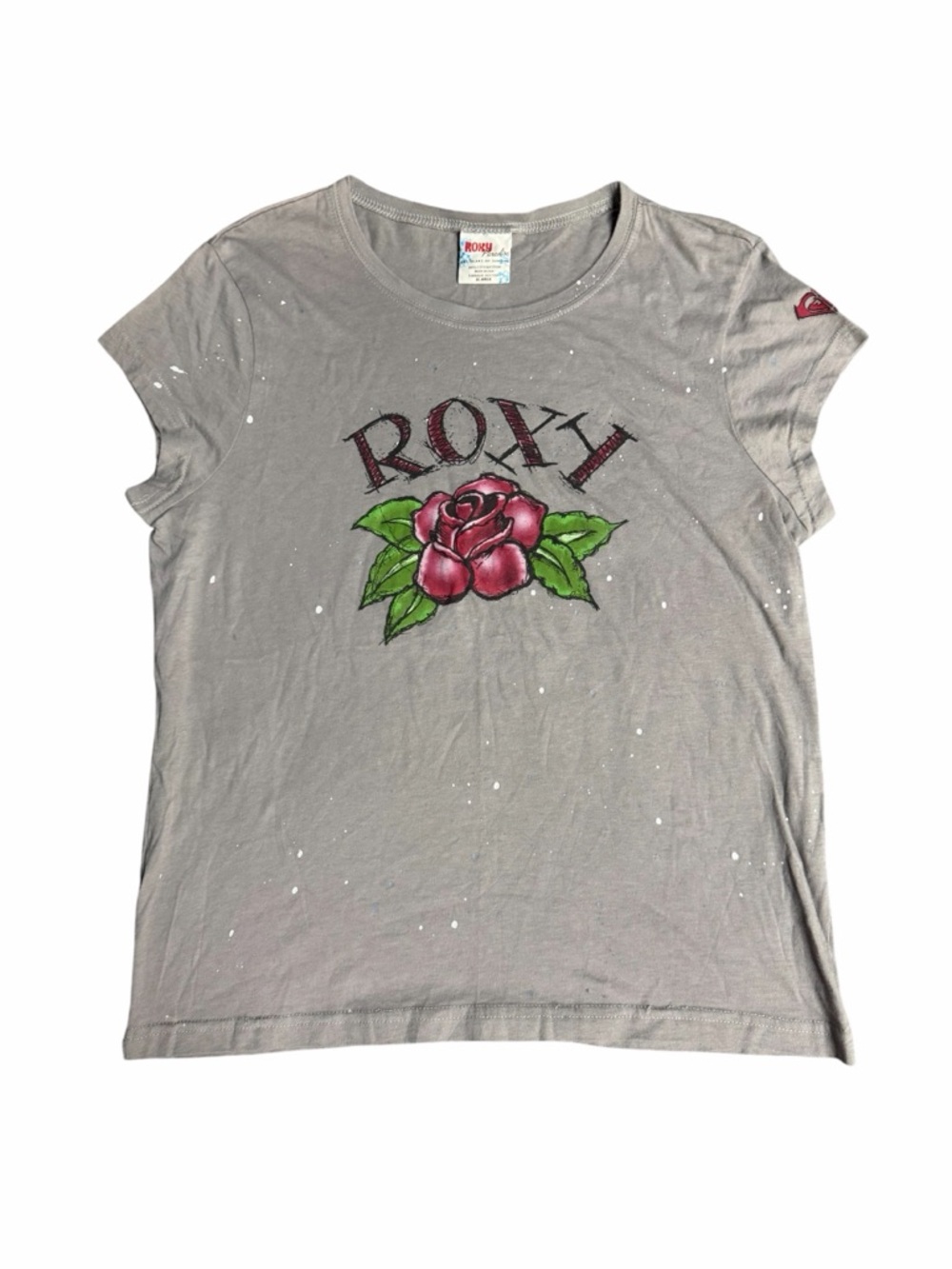 Vintage Y2K Roxy Rose Graphic Baby Tee Gray Surf Skate Coquette Top Size XL